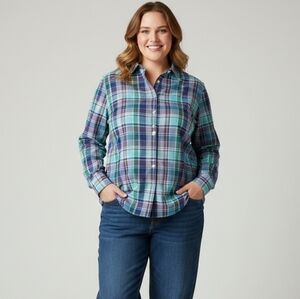 Chaps Women’s 1X Plaid Button Down Shirt Teal Green Purple 100% Cotton Coastal